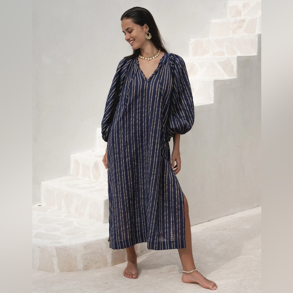 Daughters of India Navy Blue Striped Maxi Dress
